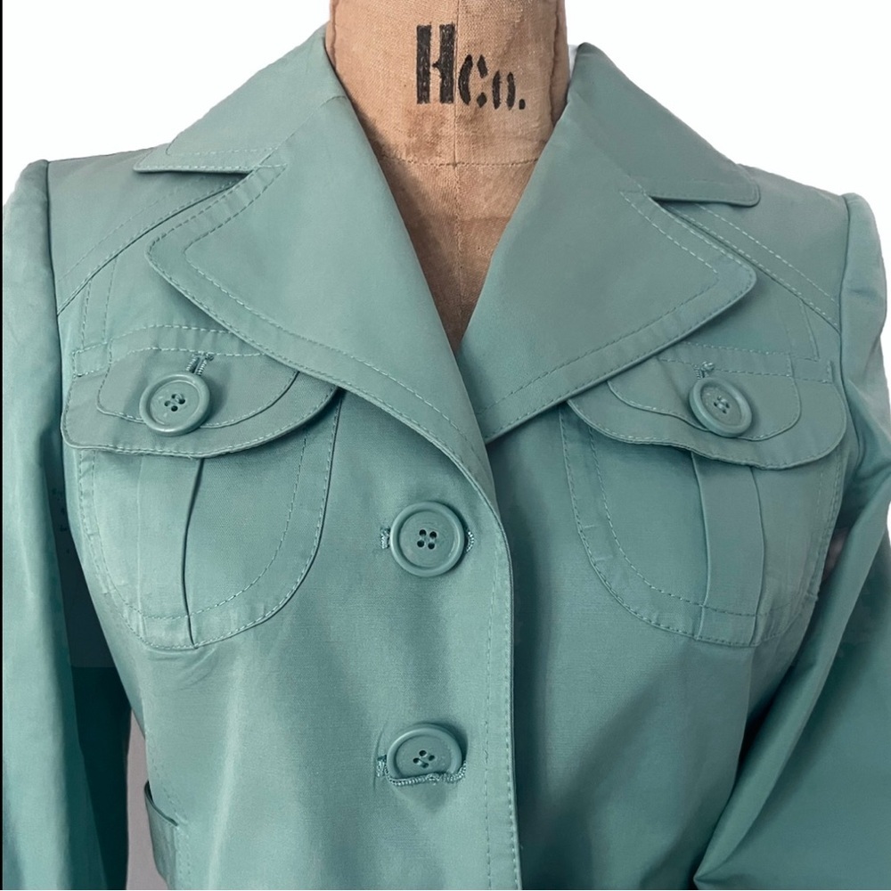 Ann Taylor LOFT Teal Trench Coat w Notched Lapel and Fitted Silhouette Like New! - Picture 4 of 10